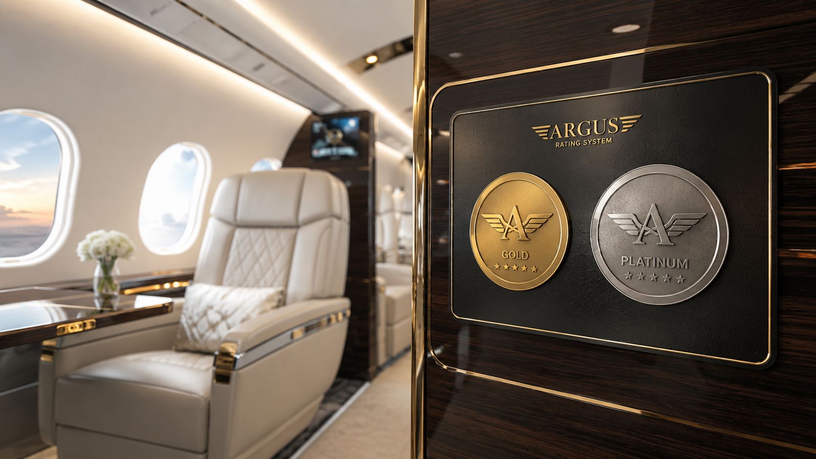 A close-up view of ARGUS gold and platinum rating badges inside a luxury private jet cabin interior.