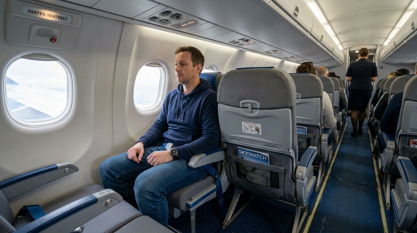 A male passenger sitting in his seat on a CRJ 200 aircraft cabin during a flight.