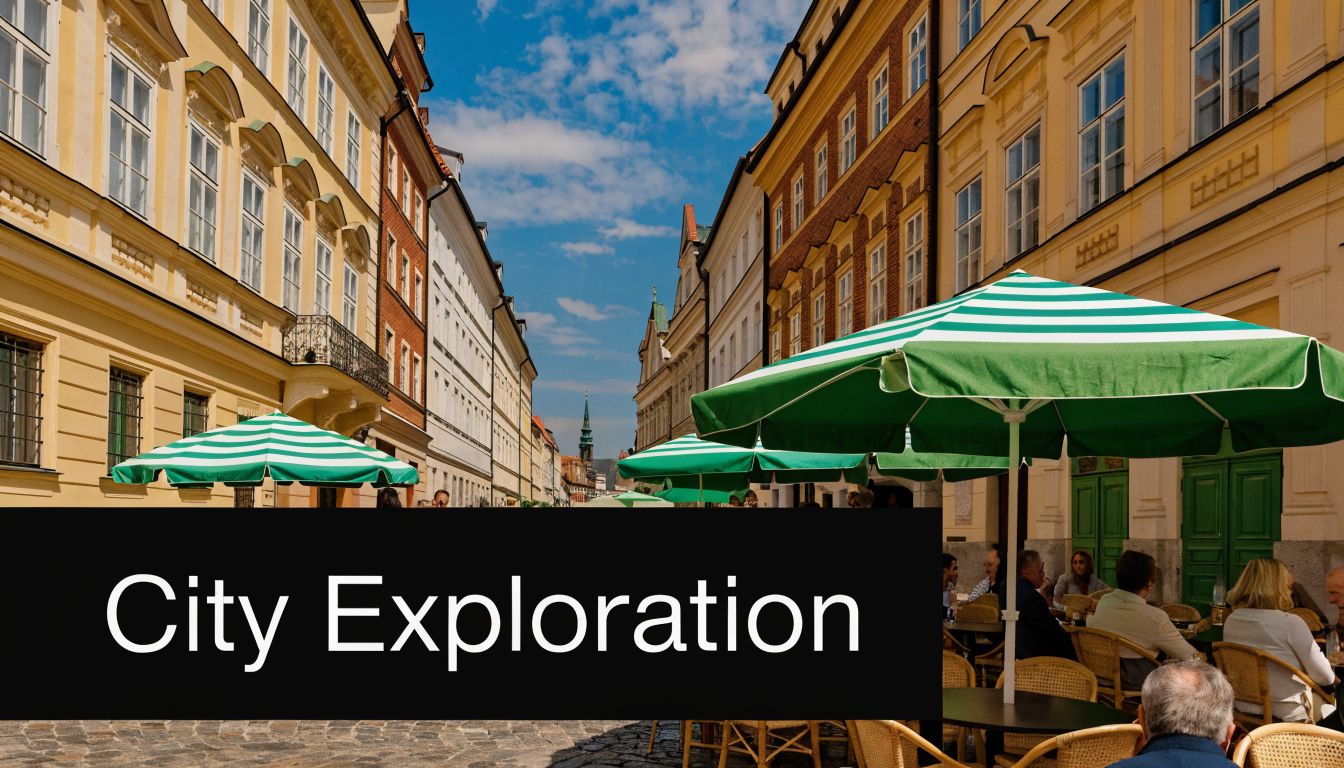A picturesque European street with outdoor cafe seating under green striped umbrellas on a sunny day.