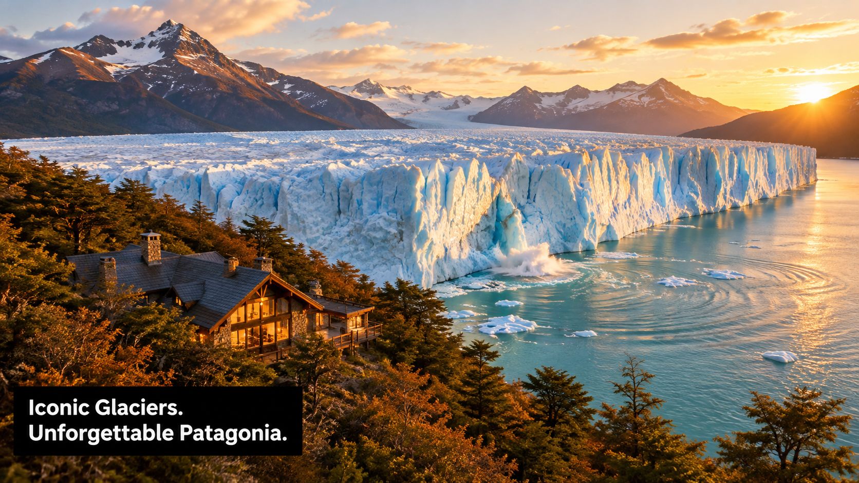 A cozy lodge overlooks the massive Perito Moreno Glacier in Patagonia, Argentina, during a golden sunset.