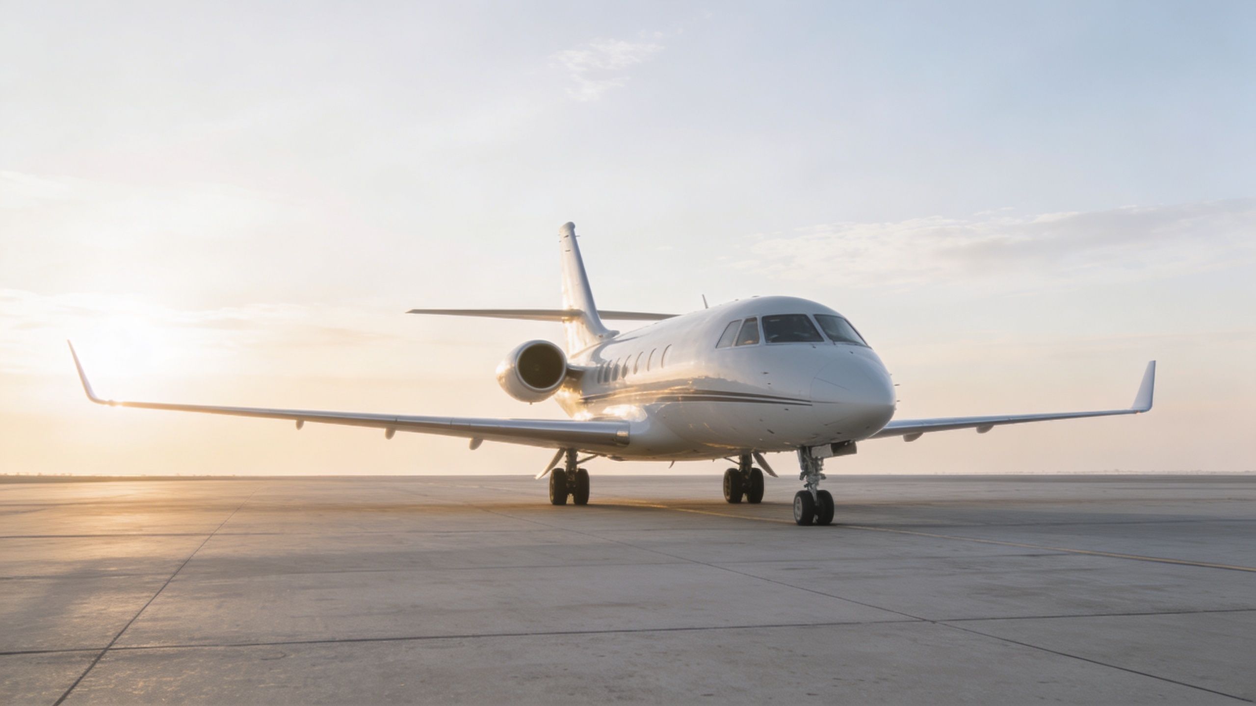 A luxurious white private light jet parked on an airport tarmac during a beautiful golden sunset.