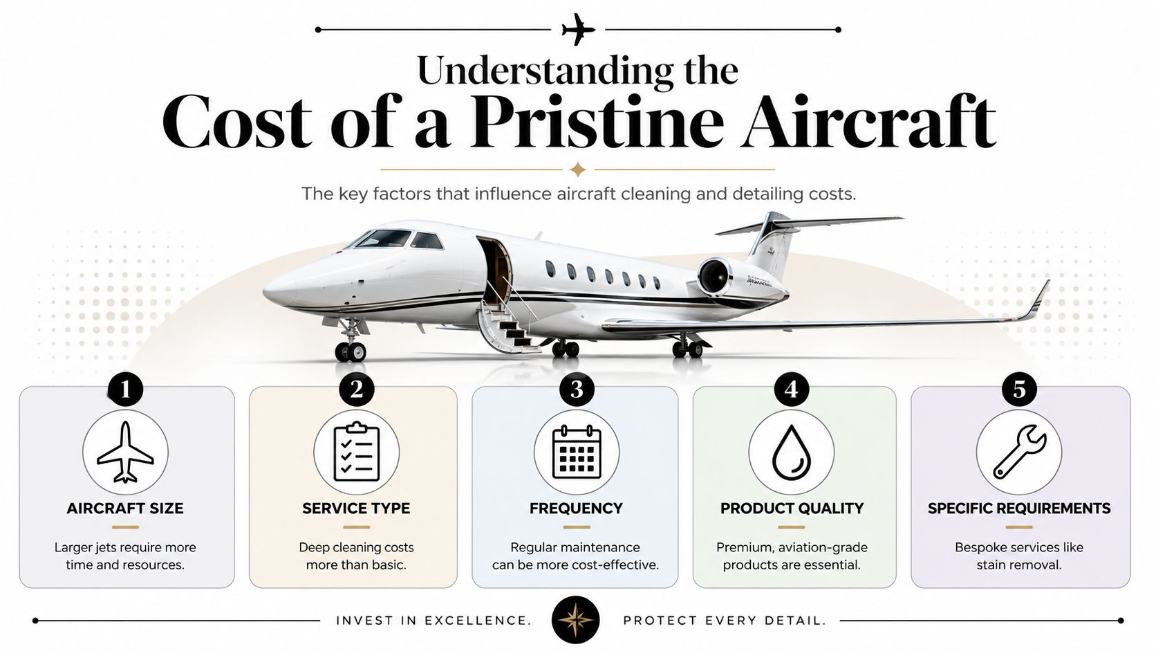 An infographic titled Understanding the Cost of a Pristine Aircraft displaying five factors affecting cleaning costs.