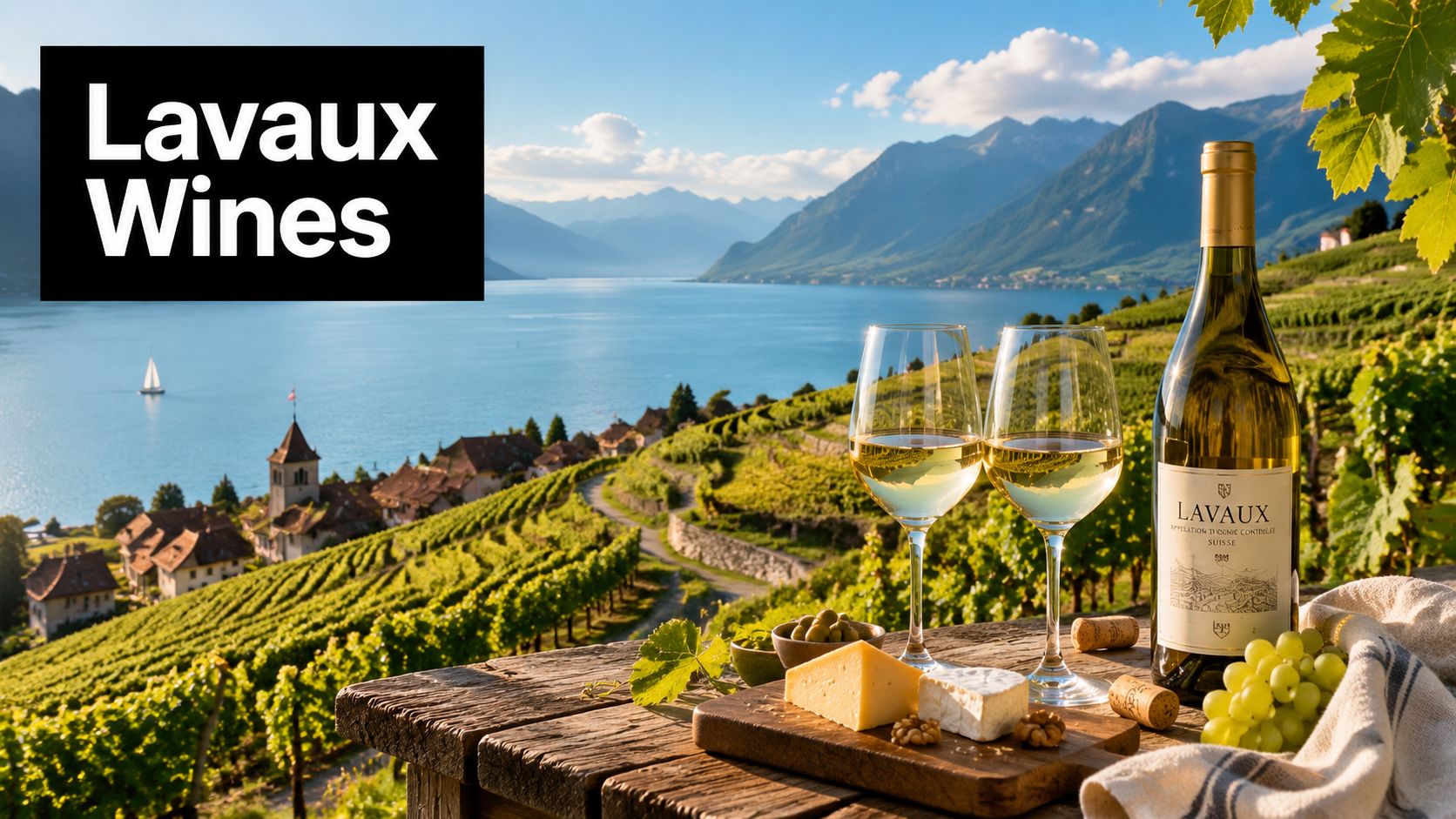 A bottle of Lavaux white wine and two glasses overlooking scenic terraced vineyards near Lake Geneva, Switzerland.