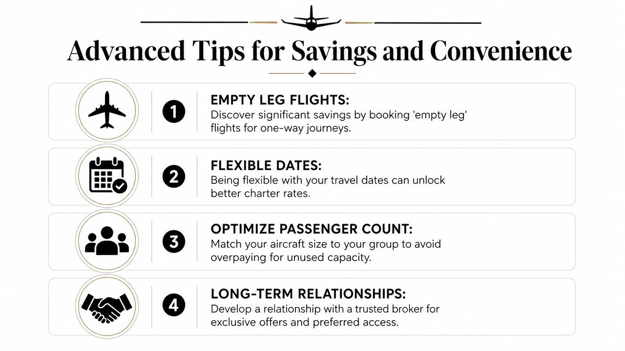 A professional infographic highlighting four advanced tips for saving money on private jet charter travel.