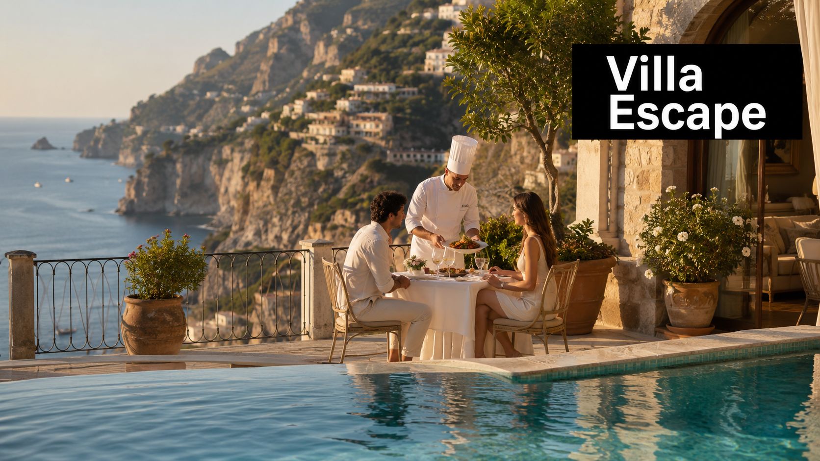 A chef serving dinner to a couple at a luxurious private villa with a scenic coastal view.