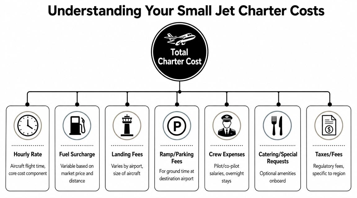 A diagram illustrating the various components that contribute to the total cost of a small jet charter.