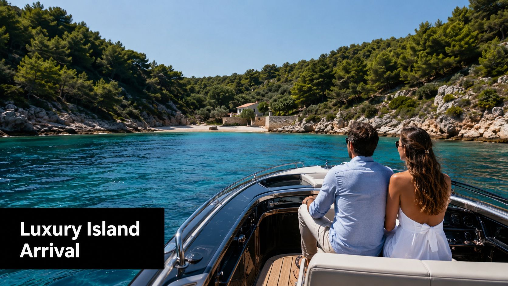 A couple enjoying a boat ride towards a secluded beach and villa on Dugi Otok, Croatia.