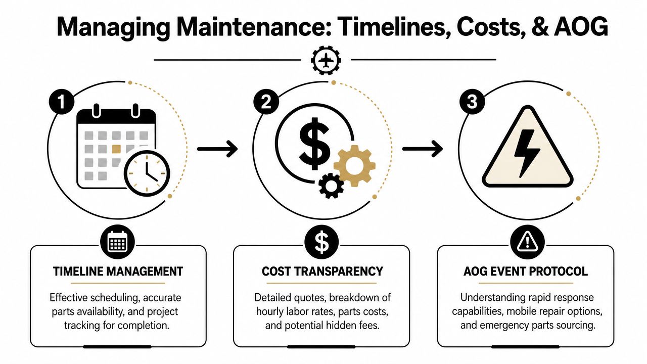 A diagram illustrating aircraft maintenance processes including timeline management, cost transparency, and AOG event protocols.