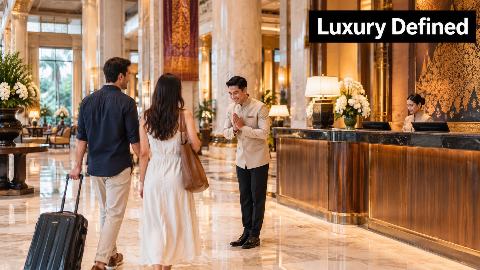A hotel concierge greets a couple arriving at a luxury hotel lobby with a traditional Thai wai.