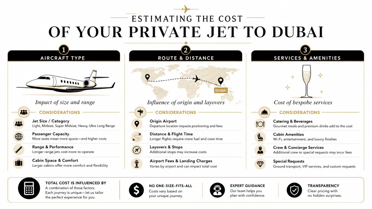 An infographic detailing the various factors influencing the cost of chartering a private jet to Dubai.
