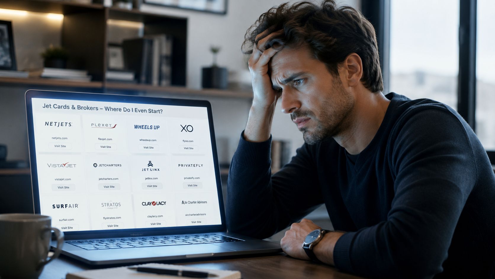 A frustrated man looking at a laptop screen displaying a list of various private jet broker companies.