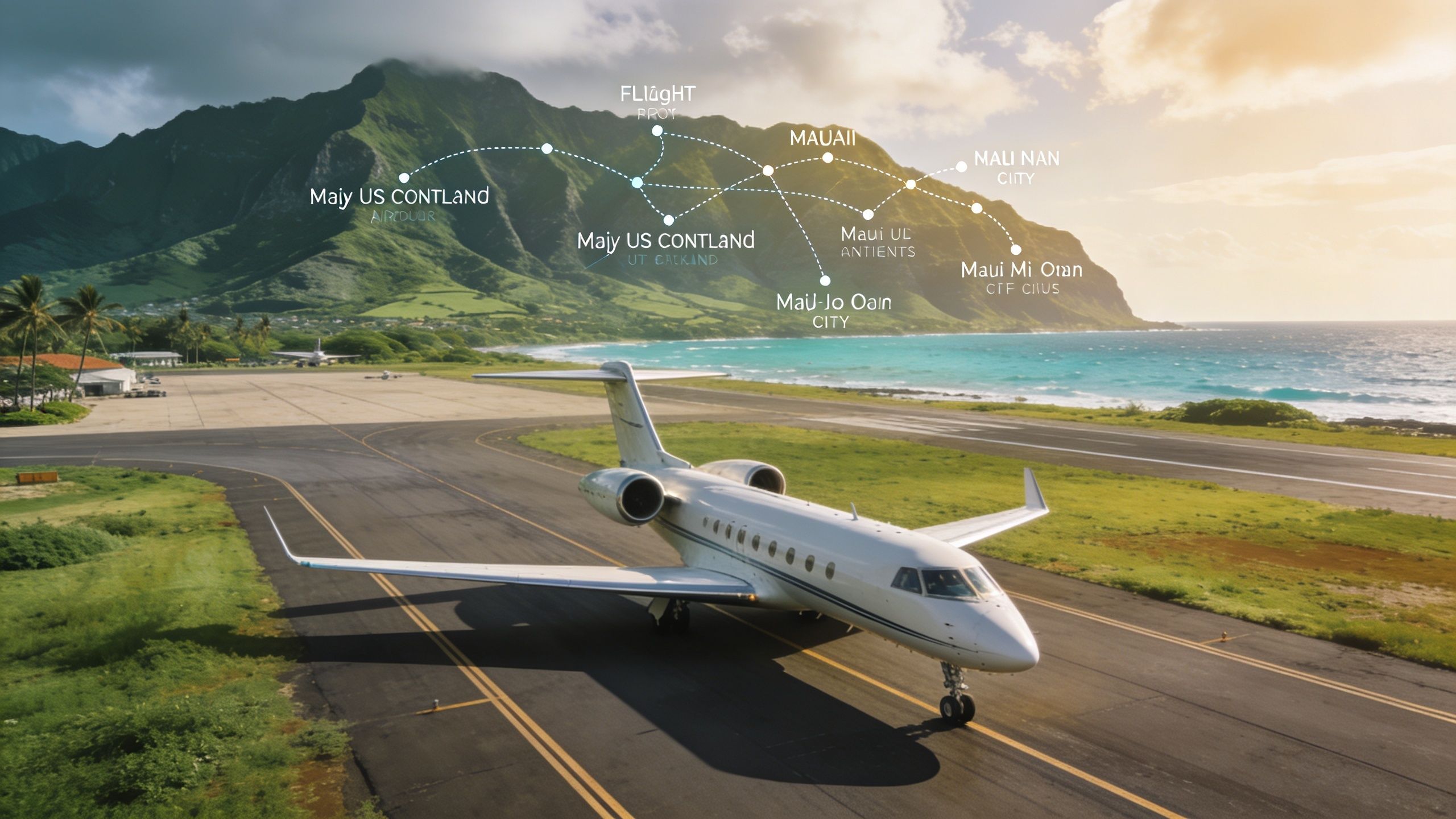A luxurious private jet sits on a tropical runway with mountains and coastal scenery in the background.