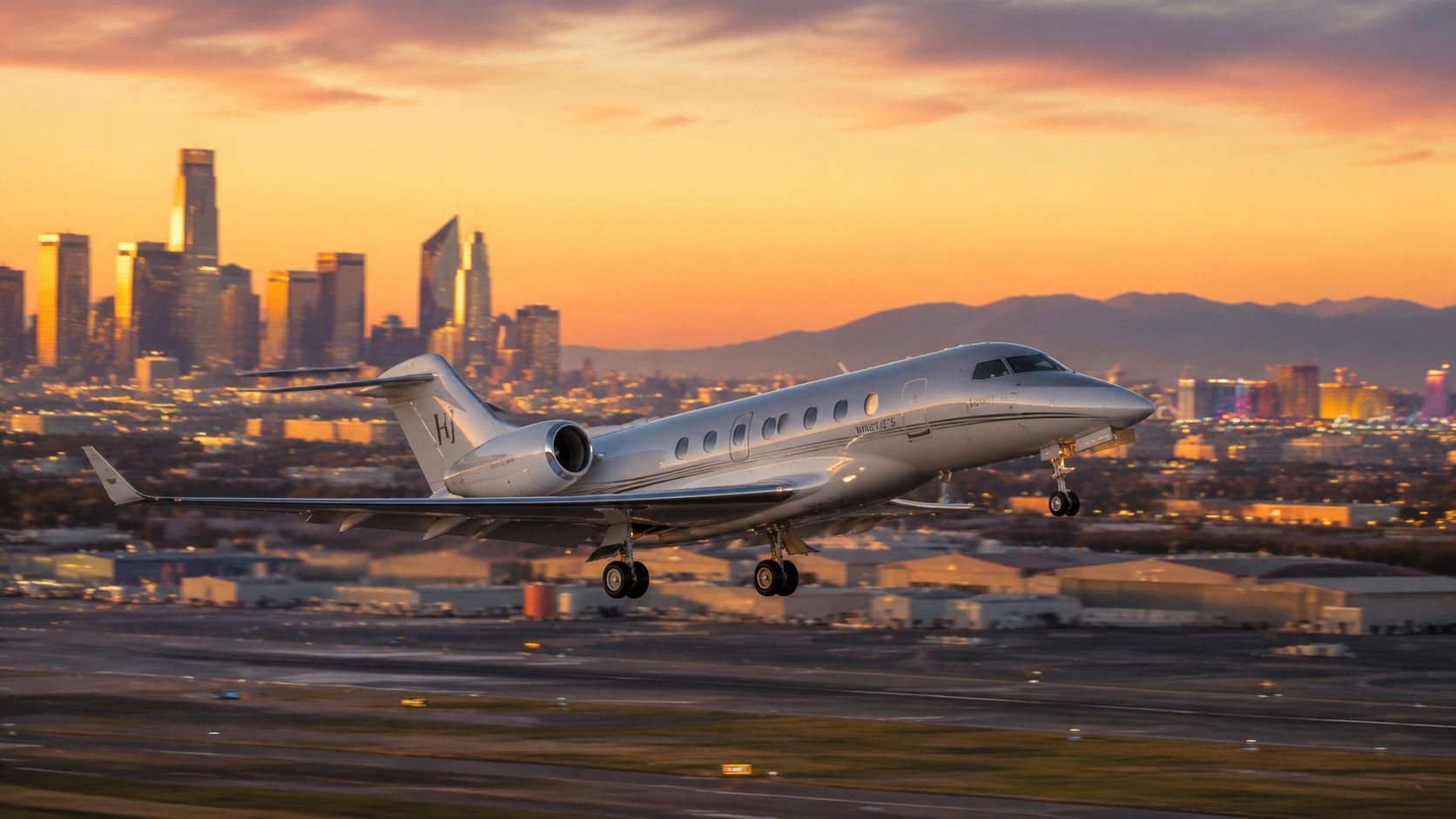 A sleek private jet taking off from an airport runway against a stunning sunset over Las Vegas skyline.