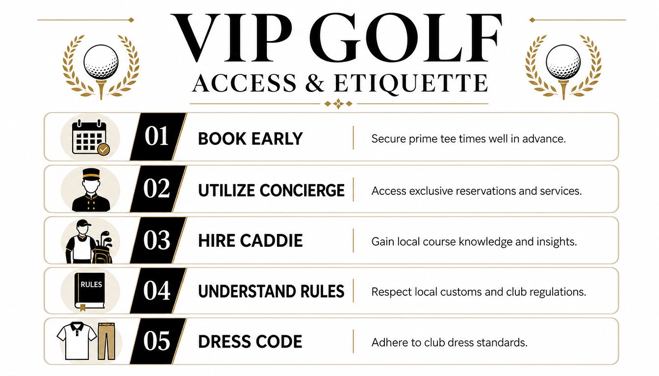A professional infographic titled VIP Golf Access and Etiquette outlining five essential tips for luxury golfing experiences.