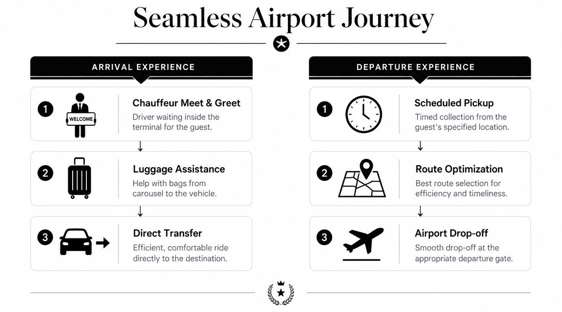 A diagram illustrating a seamless VIP airport journey process for arrivals and departures with step-by-step services.