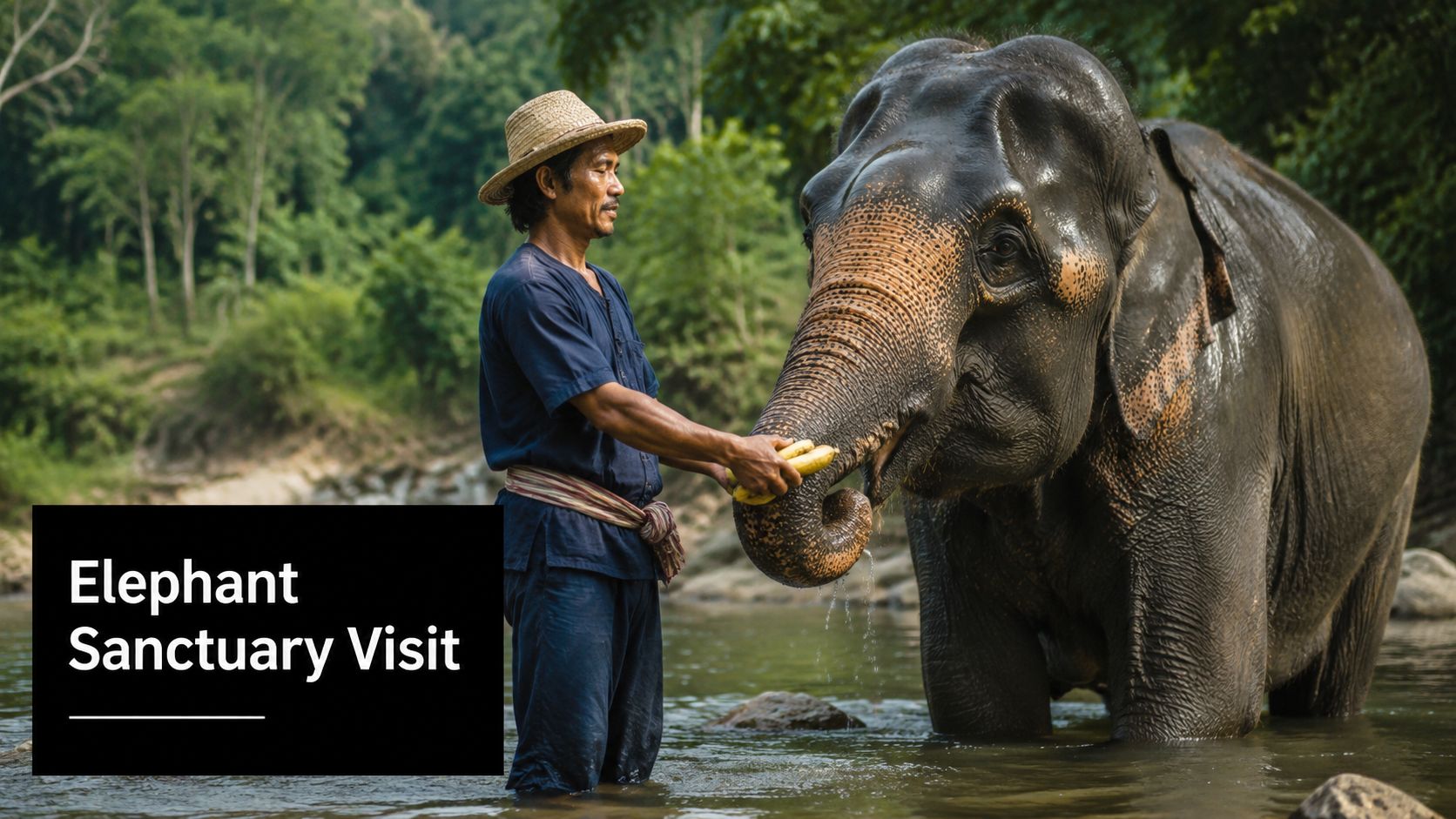A man in traditional clothing feeds bananas to an elephant while standing in a shallow river.