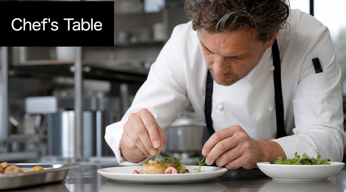 A professional chef meticulously plating a gourmet dish in a modern restaurant kitchen setting.