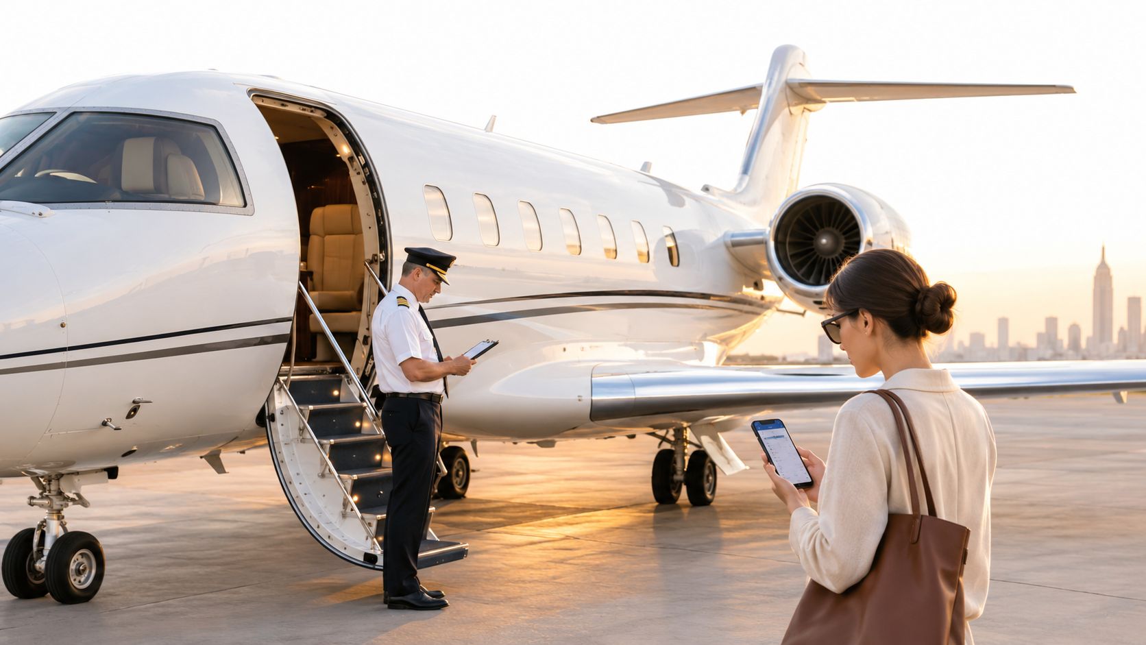 A female traveler checking her phone next to a private jet with a pilot standing on stairs.