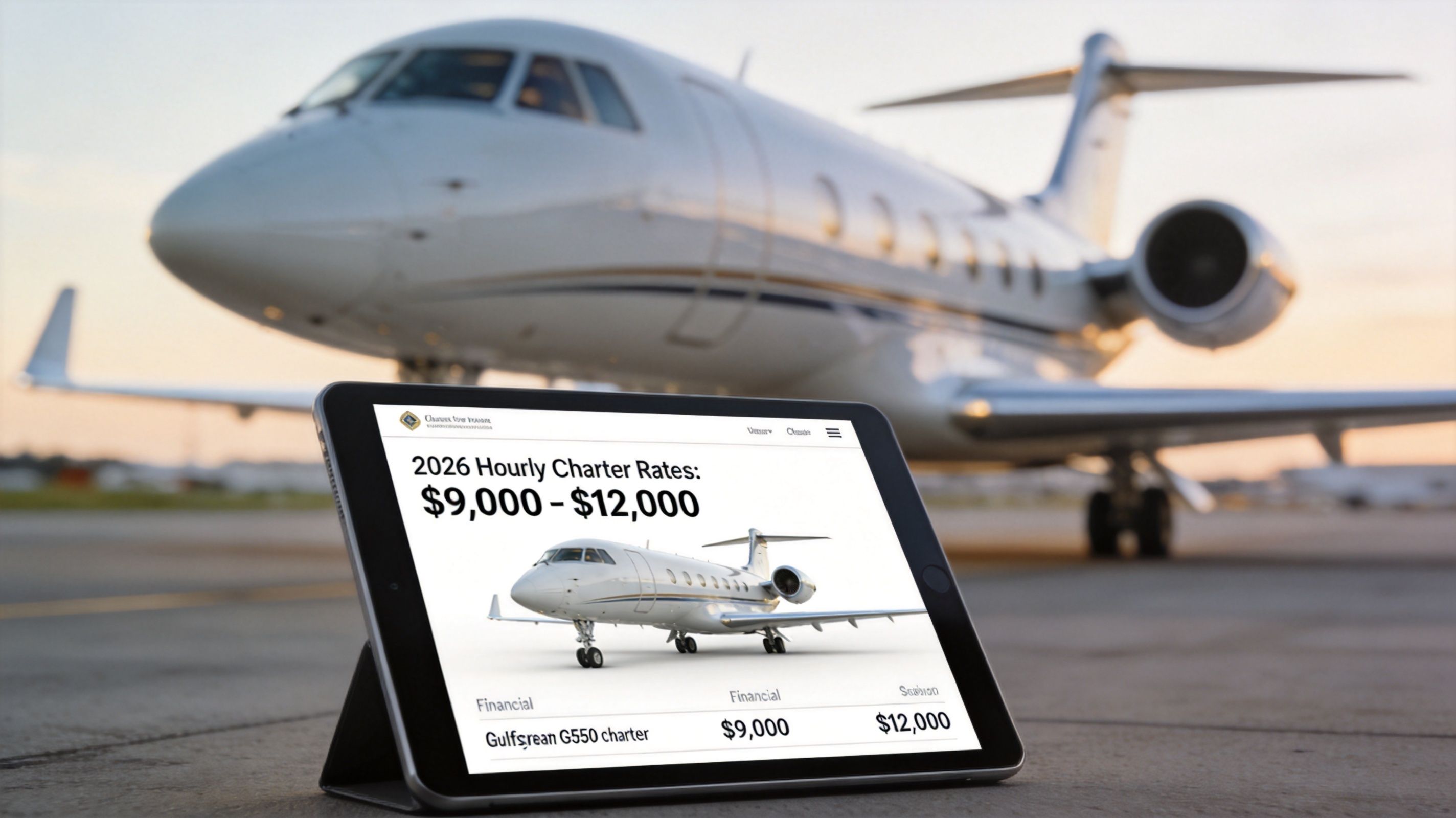 A digital tablet displaying Gulfstream G550 hourly charter rates sits on the tarmac in front of a jet.