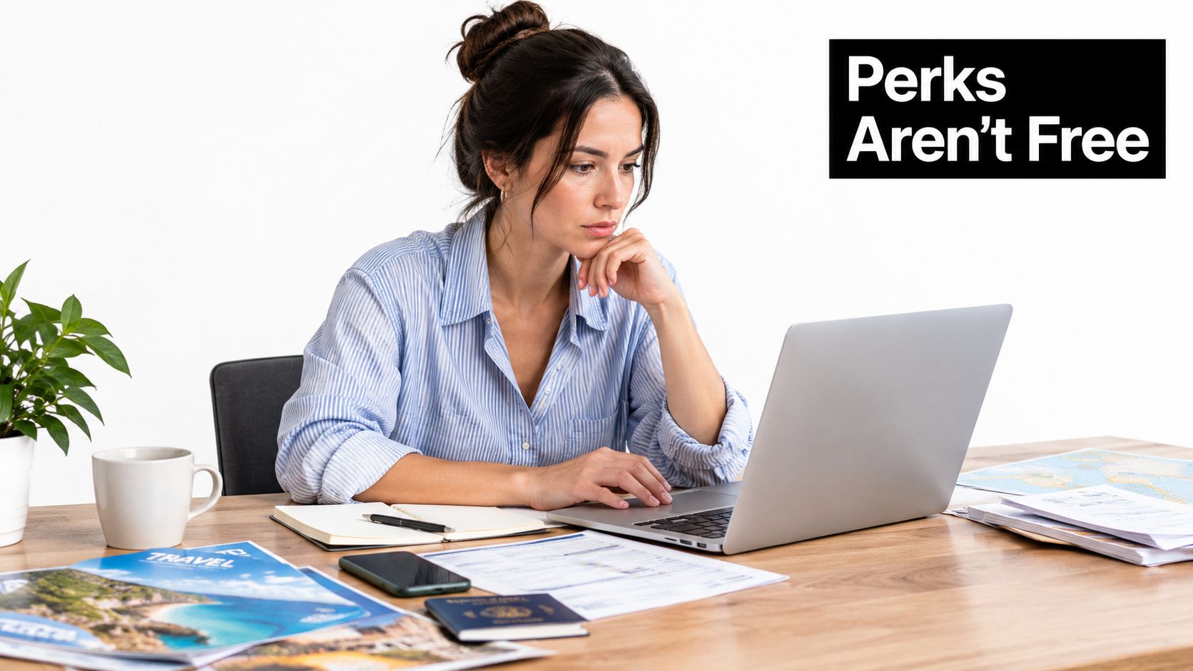 A professional woman working at her desk with a laptop, travel brochures, and a passport.