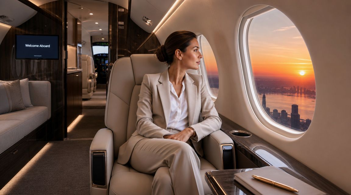 A professional woman in a suit looks out the window of a private jet during sunset.