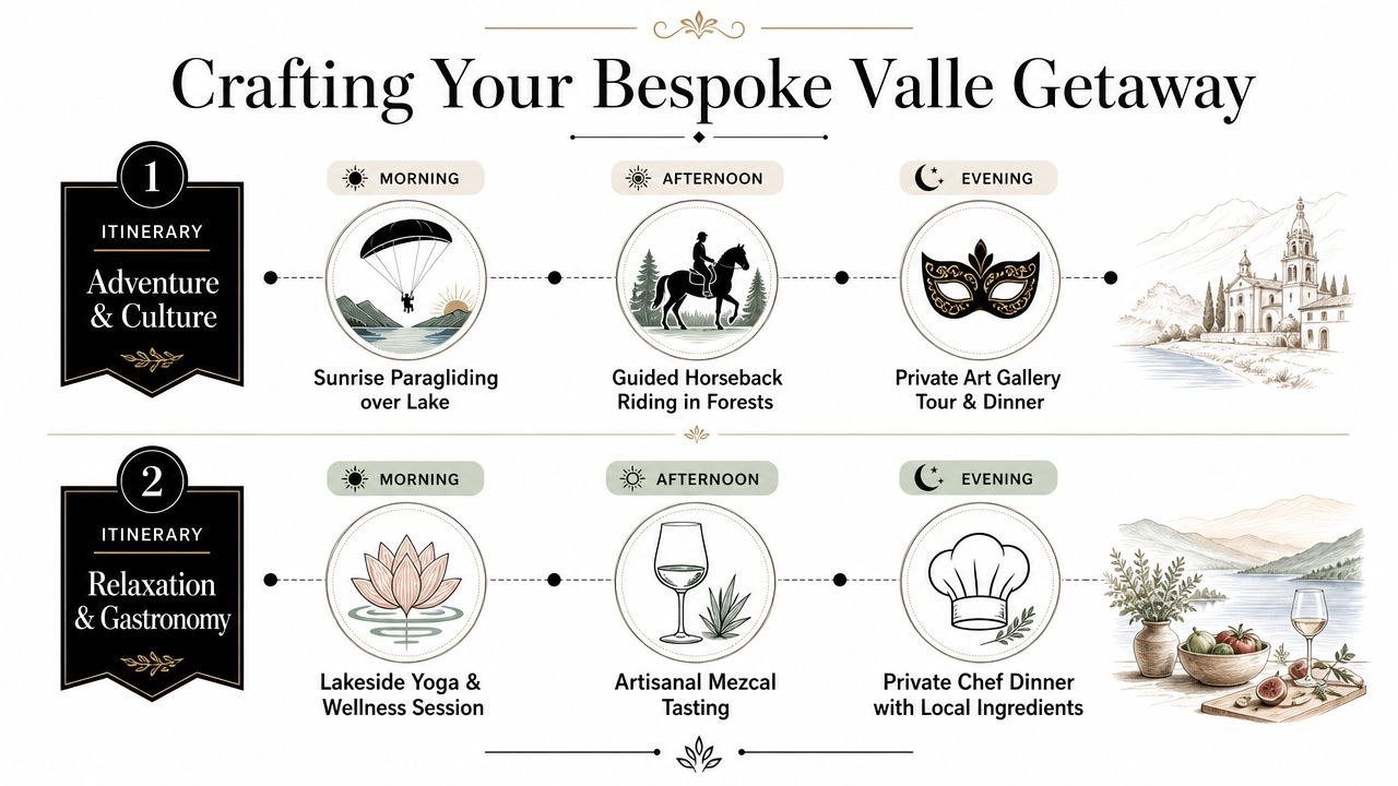 A travel planning infographic showing two custom itinerary options for a luxury getaway in Valle de Bravo, Mexico.