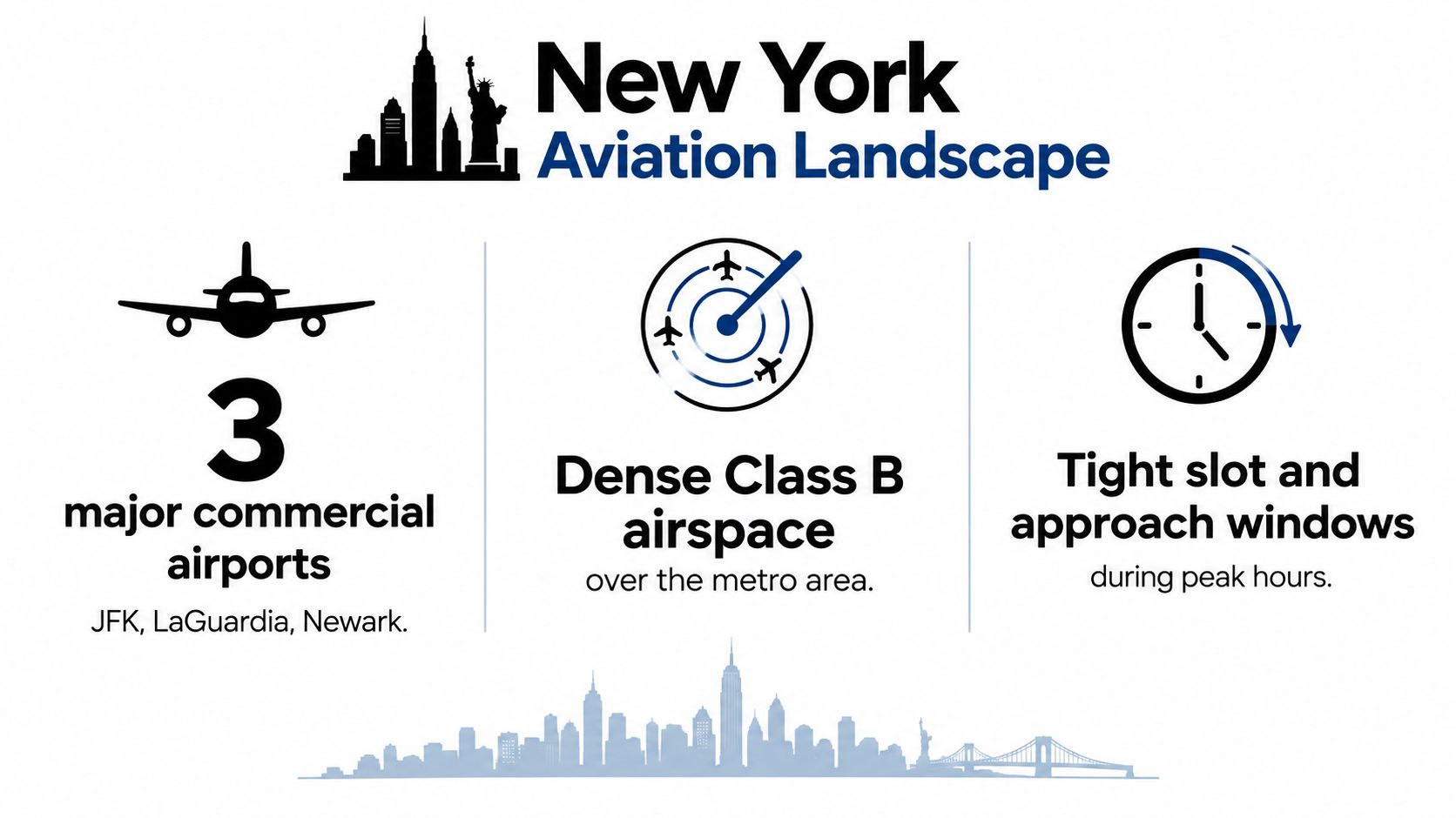 An infographic showing New York's complex aviation landscape featuring three major airports and dense controlled airspace.