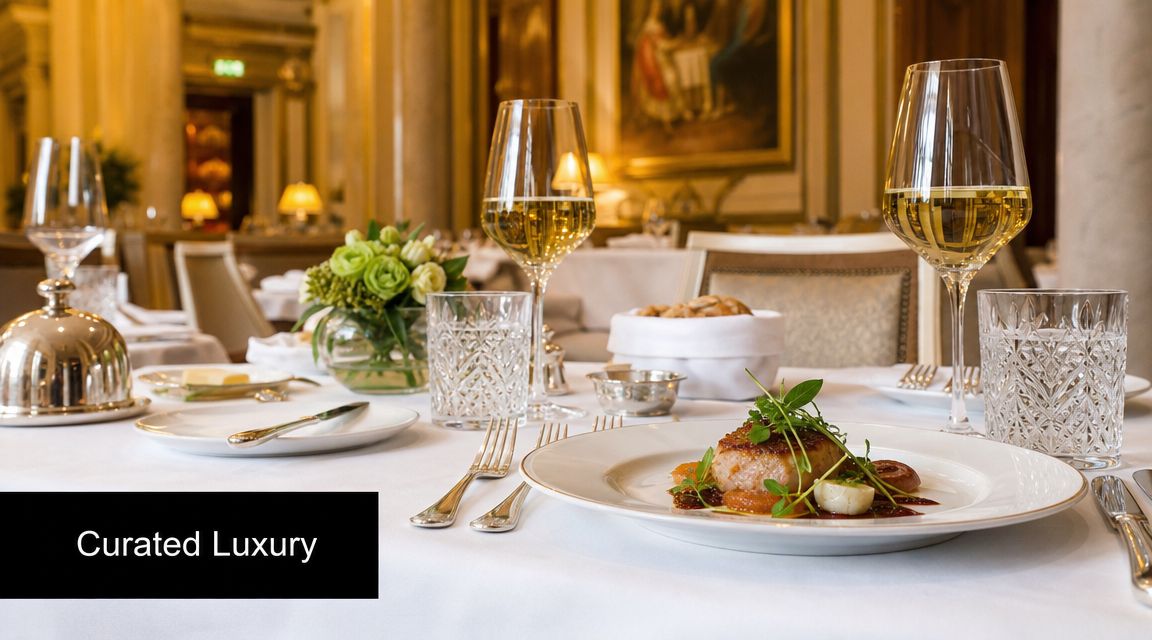 An elegant fine dining table setting with gourmet food, wine glasses, and floral centerpieces in a luxurious restaurant.