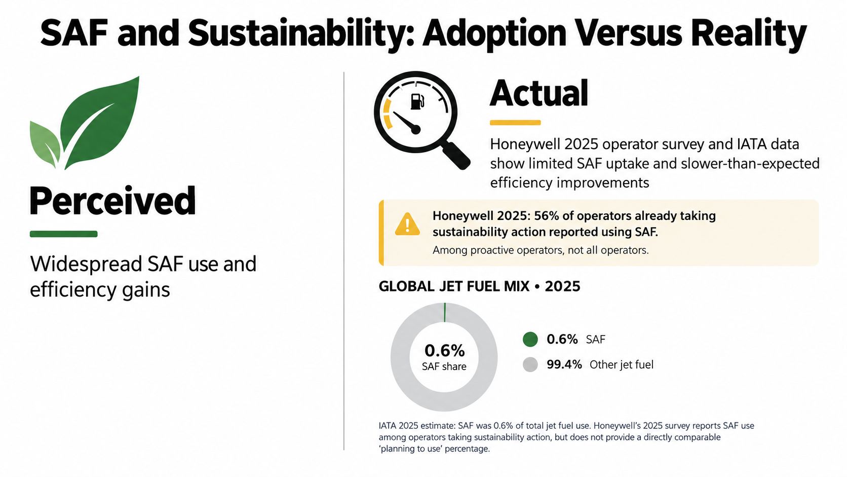 An infographic comparing the perceived versus actual adoption of sustainable aviation fuel in 2025.