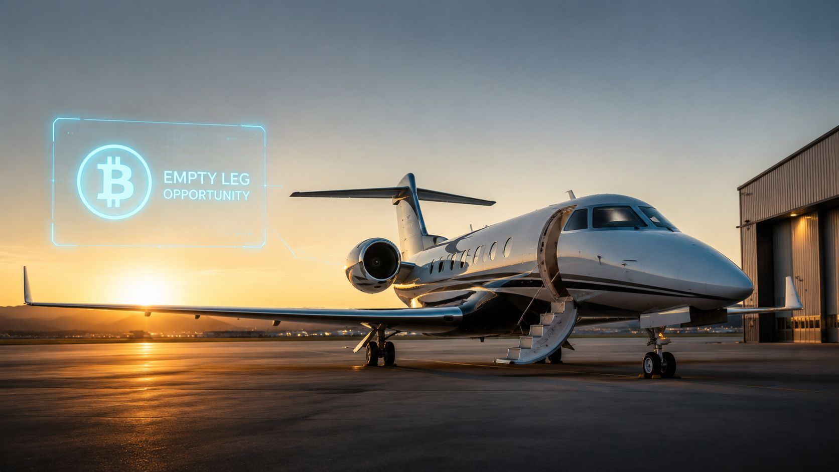 A luxurious private jet parked on a tarmac at sunset with a holographic Bitcoin empty leg display.