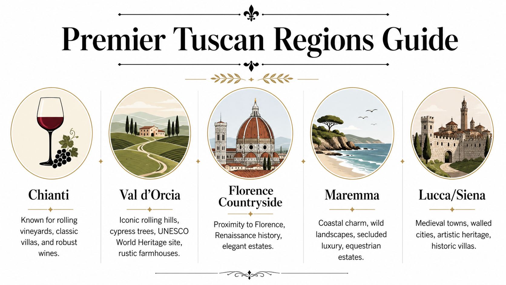 A travel guide infographic highlighting five premier regions in Tuscany including Chianti, Val d'Orcia, Florence, Maremma, and Lucca.