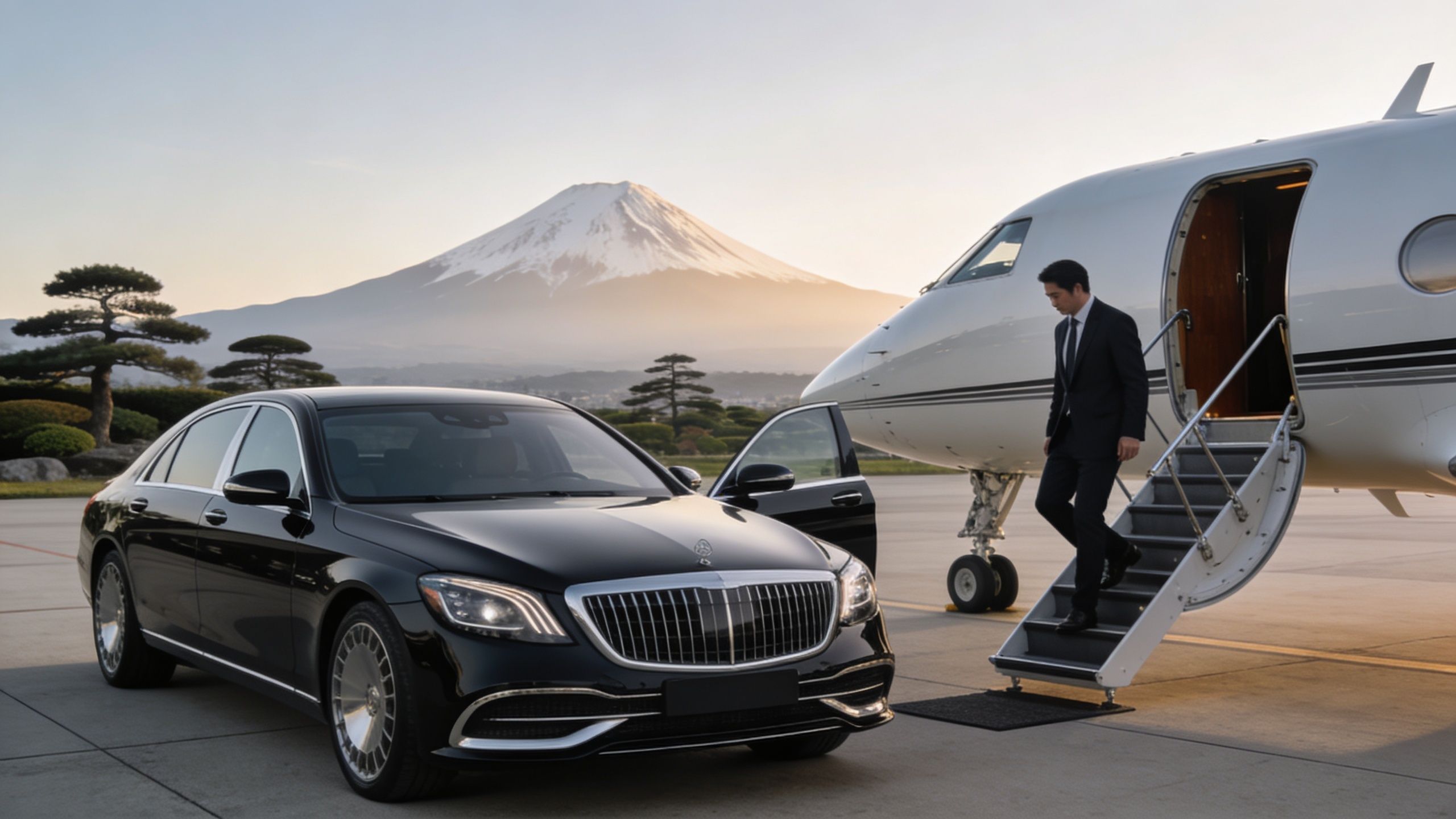 A businessman in a suit descending the steps of a private jet next to a luxury car.