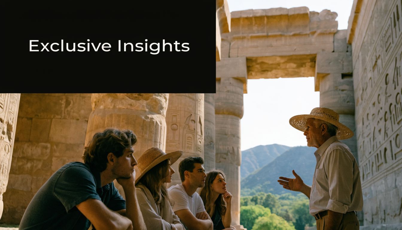 A knowledgeable tour guide speaks to a group of tourists inside an ancient Egyptian temple setting.