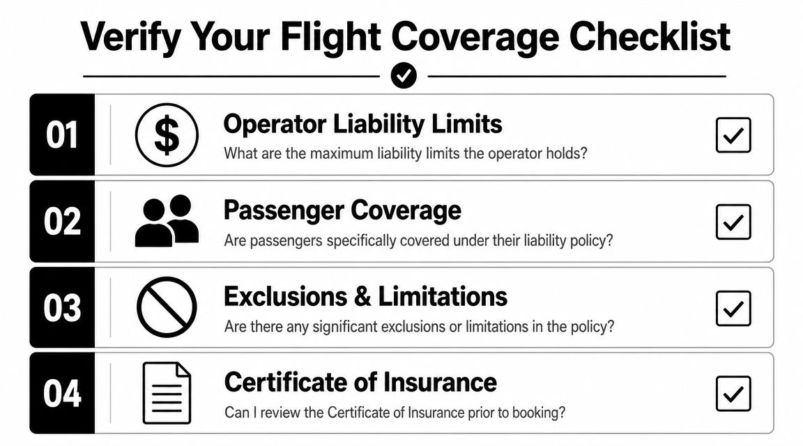 A checklist titled Verify Your Flight Coverage highlighting four key aviation insurance and liability considerations.