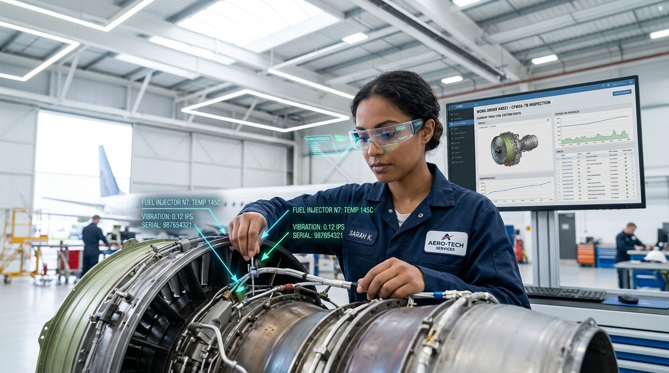 A technician using augmented reality glasses to inspect an aircraft engine in a modern maintenance hangar.