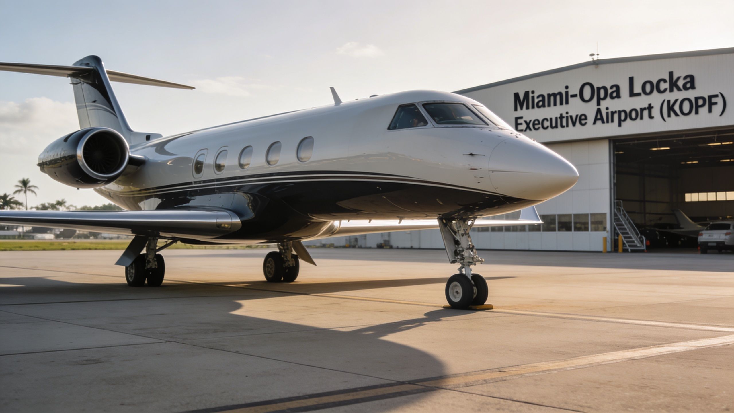 A luxurious private jet parked on the tarmac in front of the Miami-Opa Locka Executive Airport hangar.