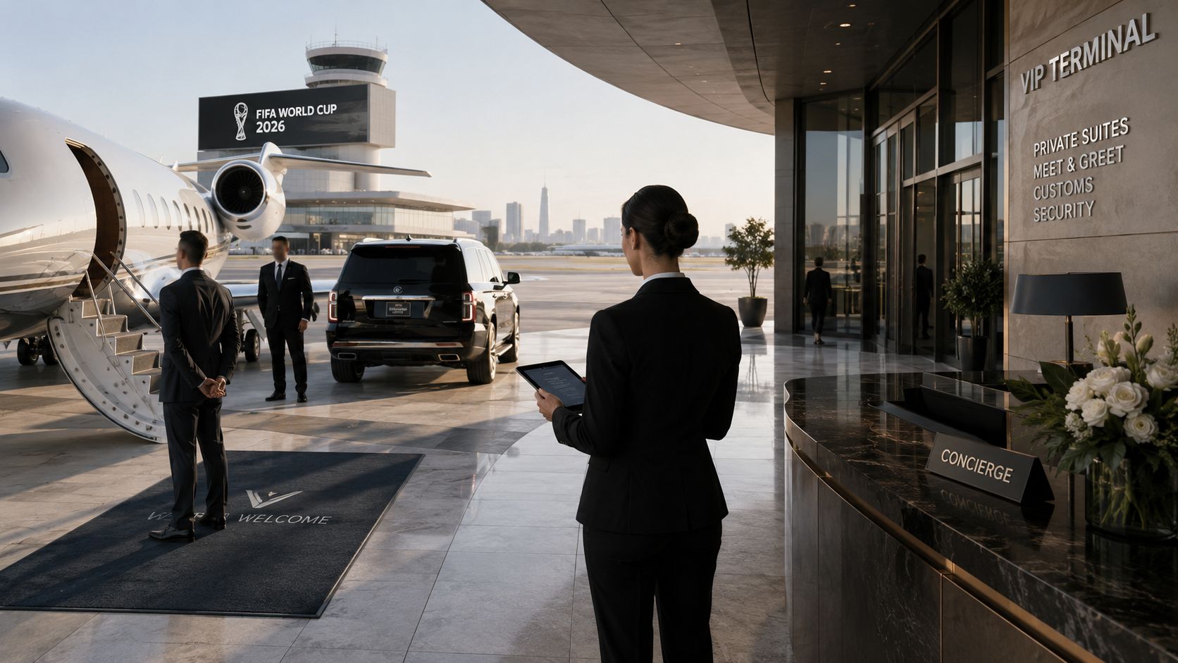 A professional concierge greets passengers arriving at a luxurious private jet terminal during the FIFA World Cup 2026.