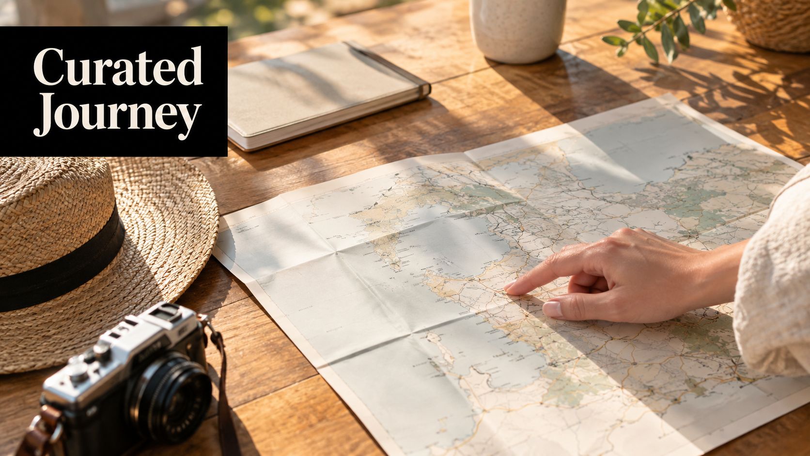 A close-up view of a person pointing at a travel map with a hat and camera nearby.