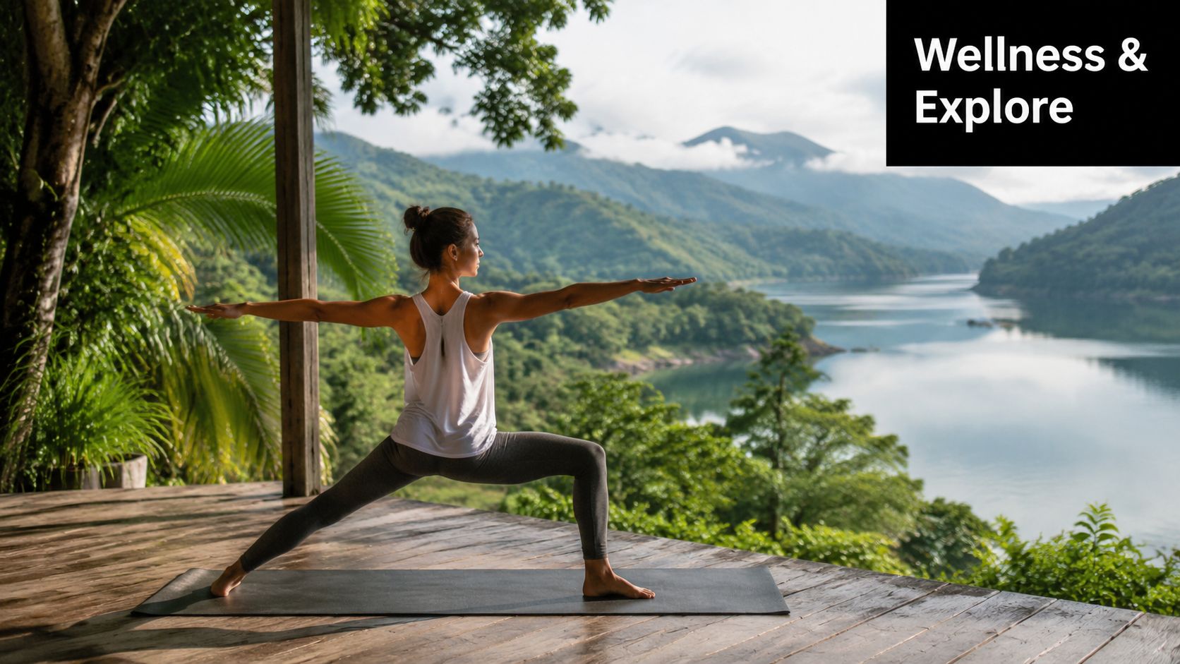 A woman practicing yoga in a warrior pose on a wooden deck overlooking a lake and mountains.