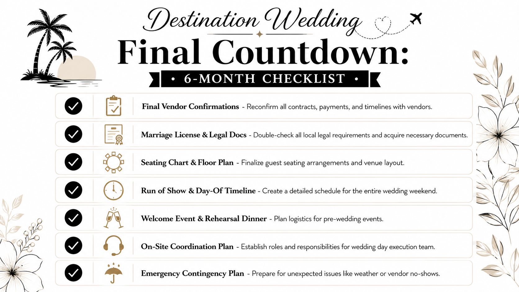 A 6-month destination wedding final checklist infographic for organizing event logistics and vendor confirmations.