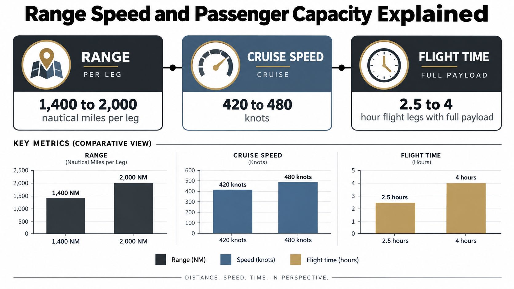 An infographic showing the range, cruise speed, and flight time metrics for light jet charter operations.