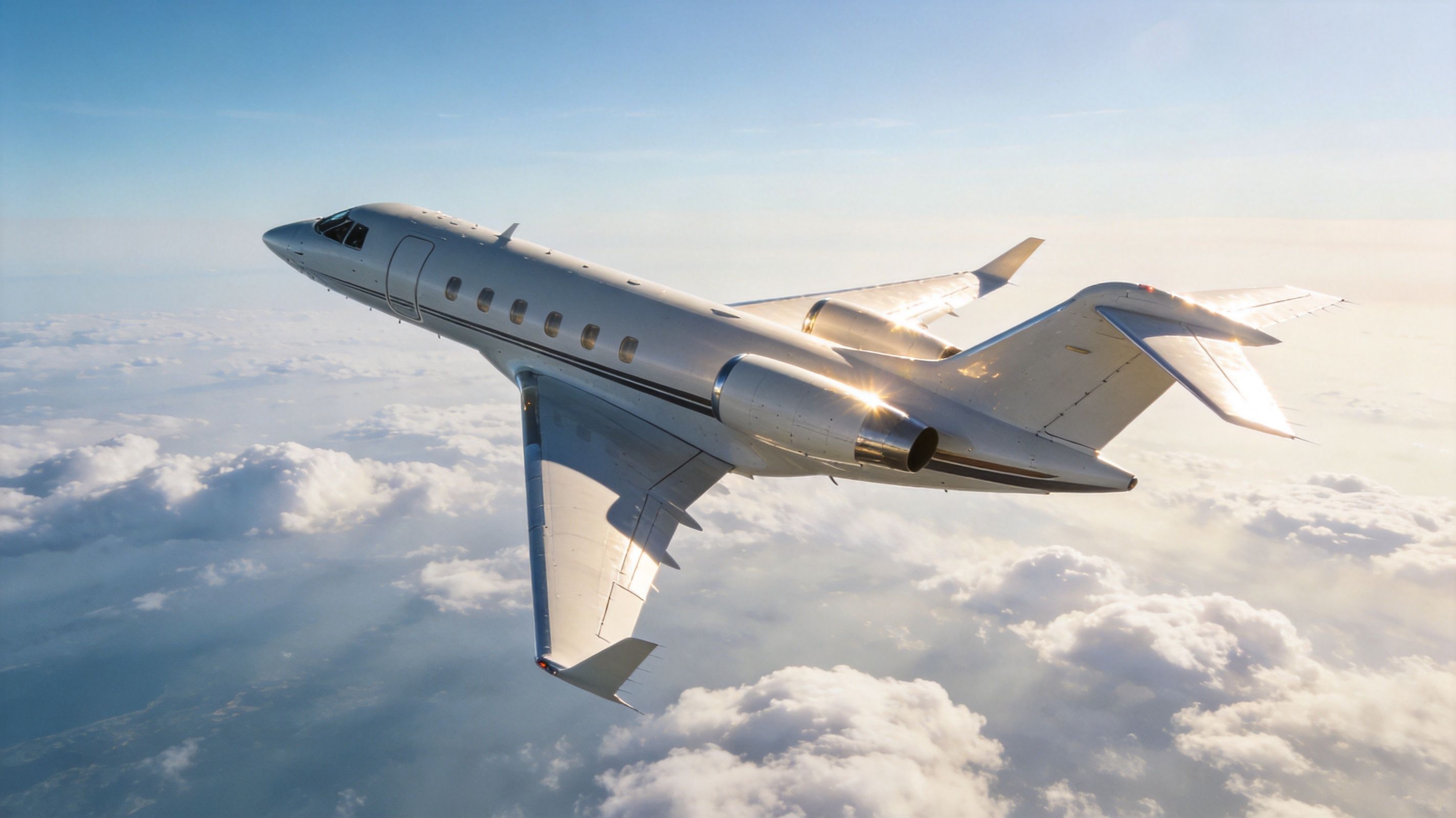 A sleek private jet flying smoothly above a layer of fluffy white clouds in the bright sky.