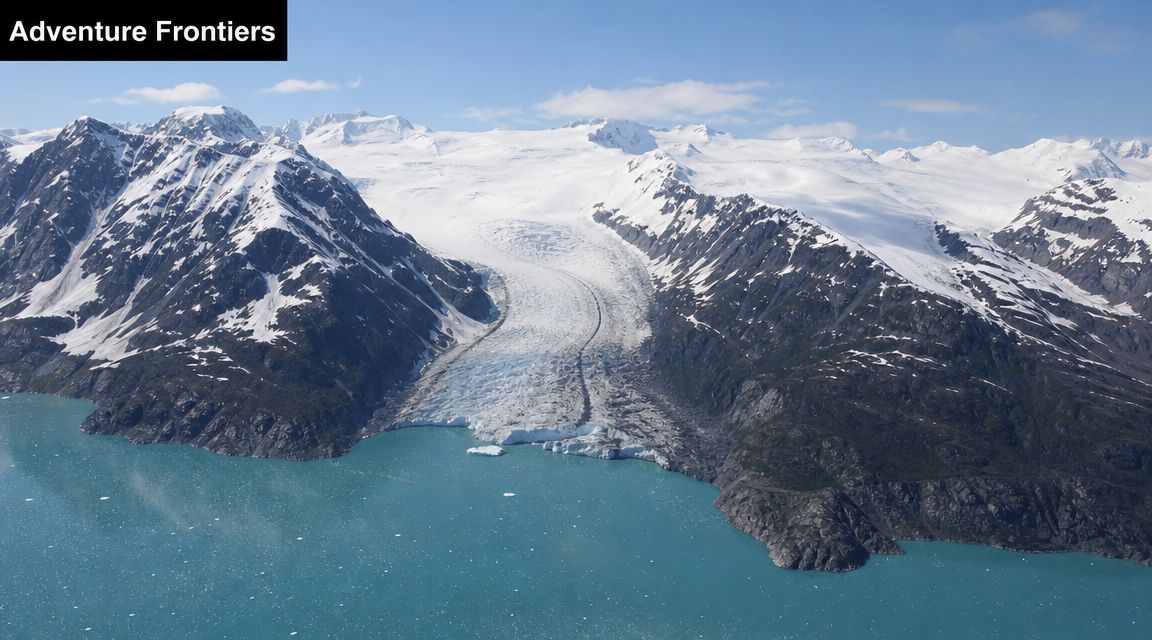 An aerial view of a massive glacier flowing from snow-capped mountains into a vibrant blue glacial lake.