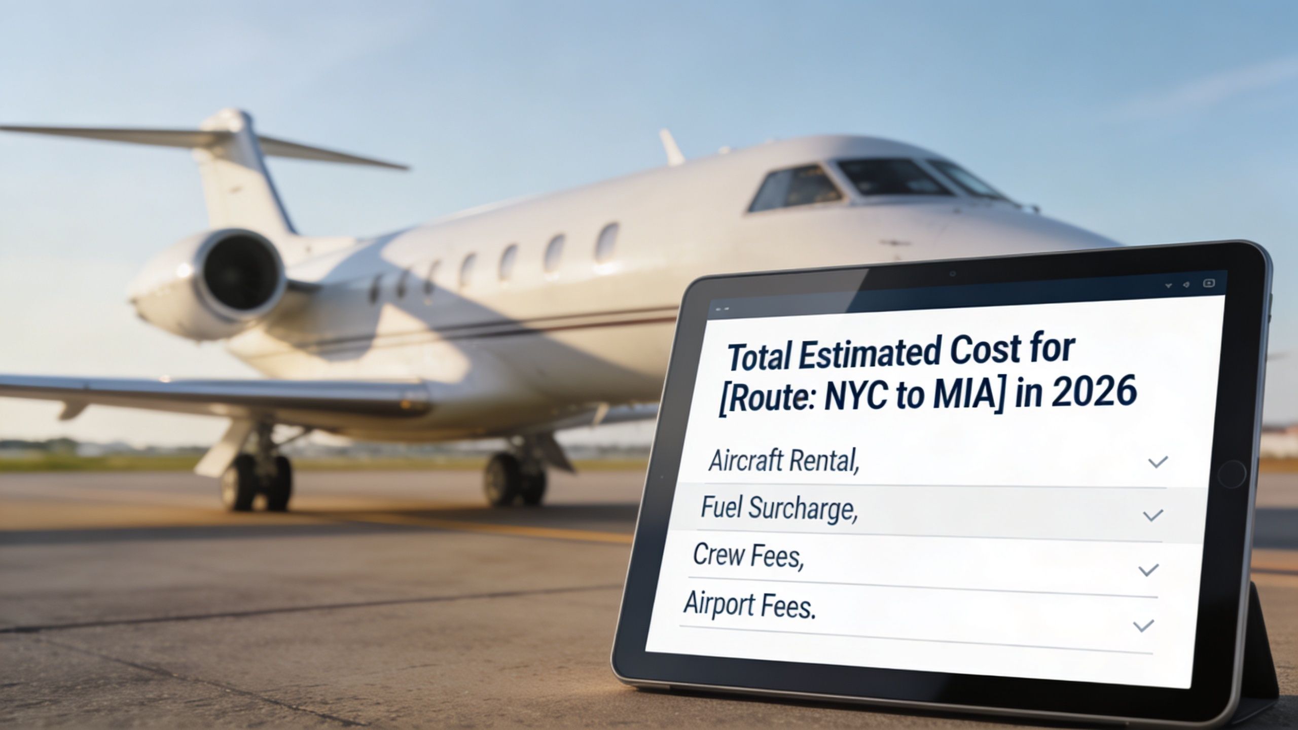 A digital tablet showing cost estimates for a 2026 private jet trip from NYC to Miami.