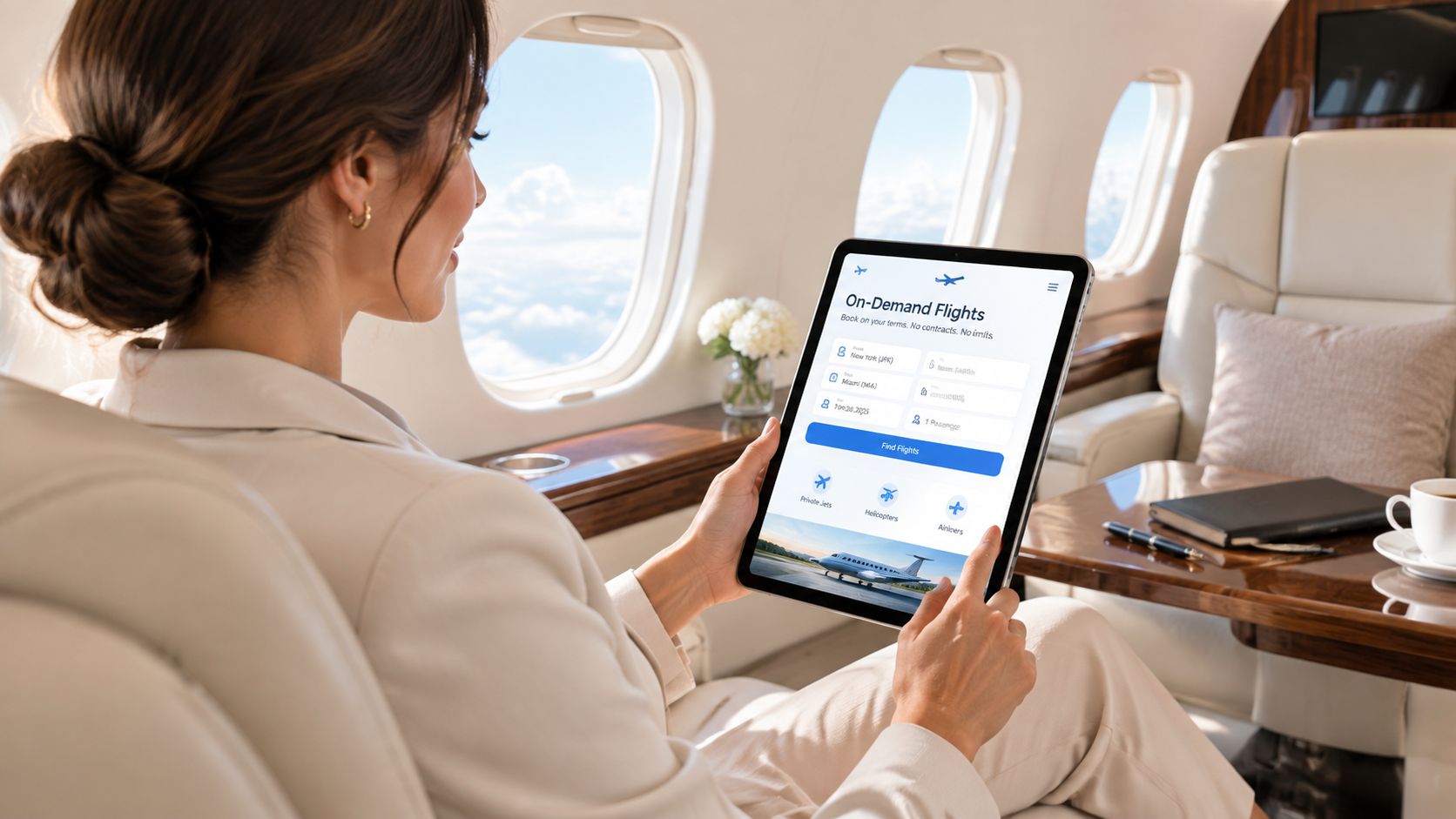 A woman using a tablet to book on-demand private flights while sitting comfortably on a private jet.