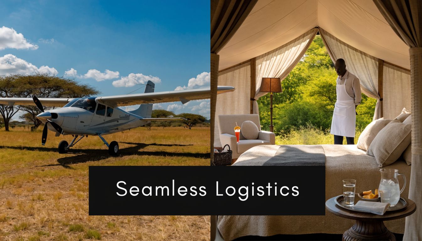 A light aircraft parked on the savanna next to a luxurious tent interior with a hotel server.