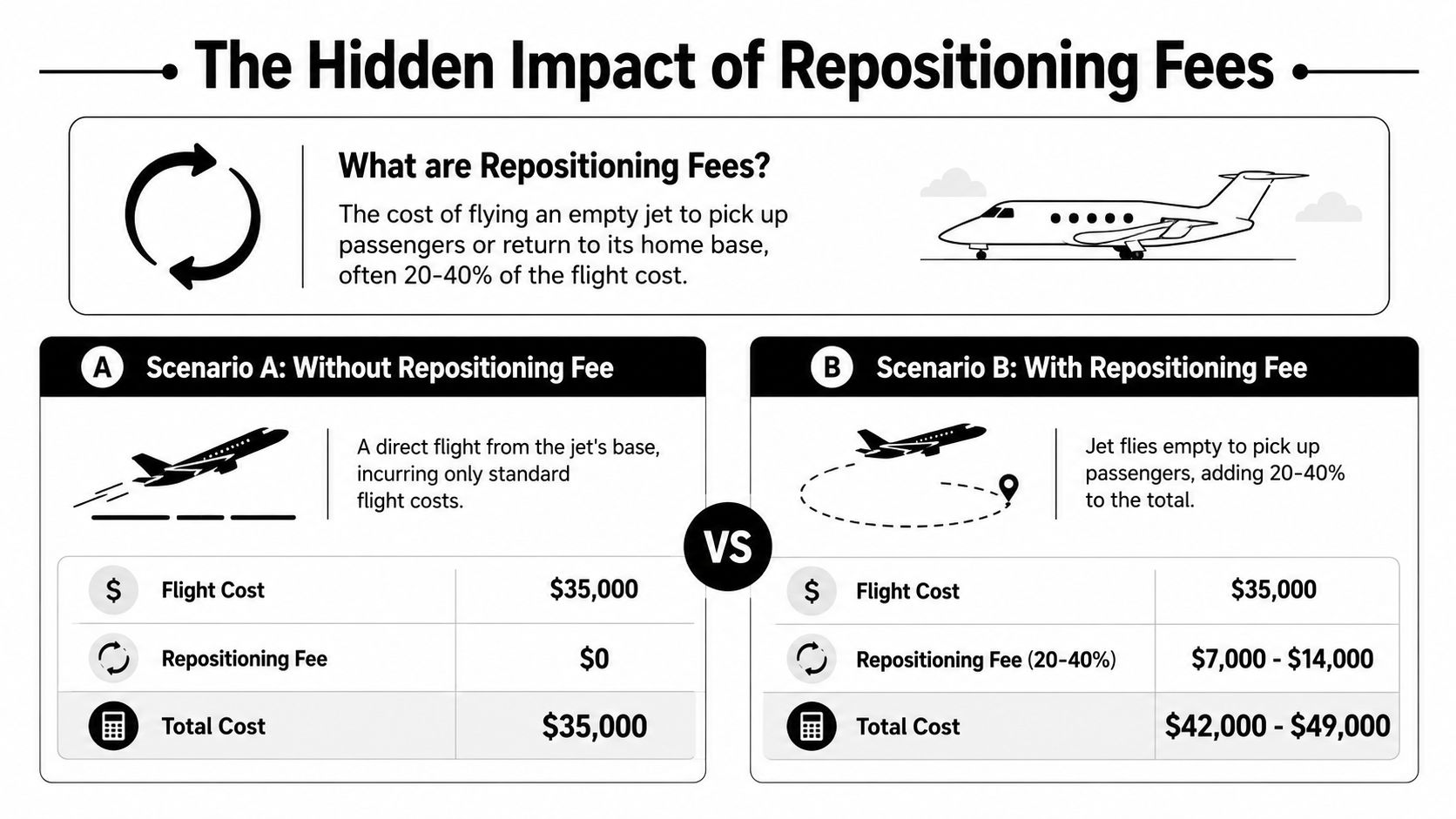 An infographic illustrating how private jet repositioning fees increase the total cost of air travel significantly.