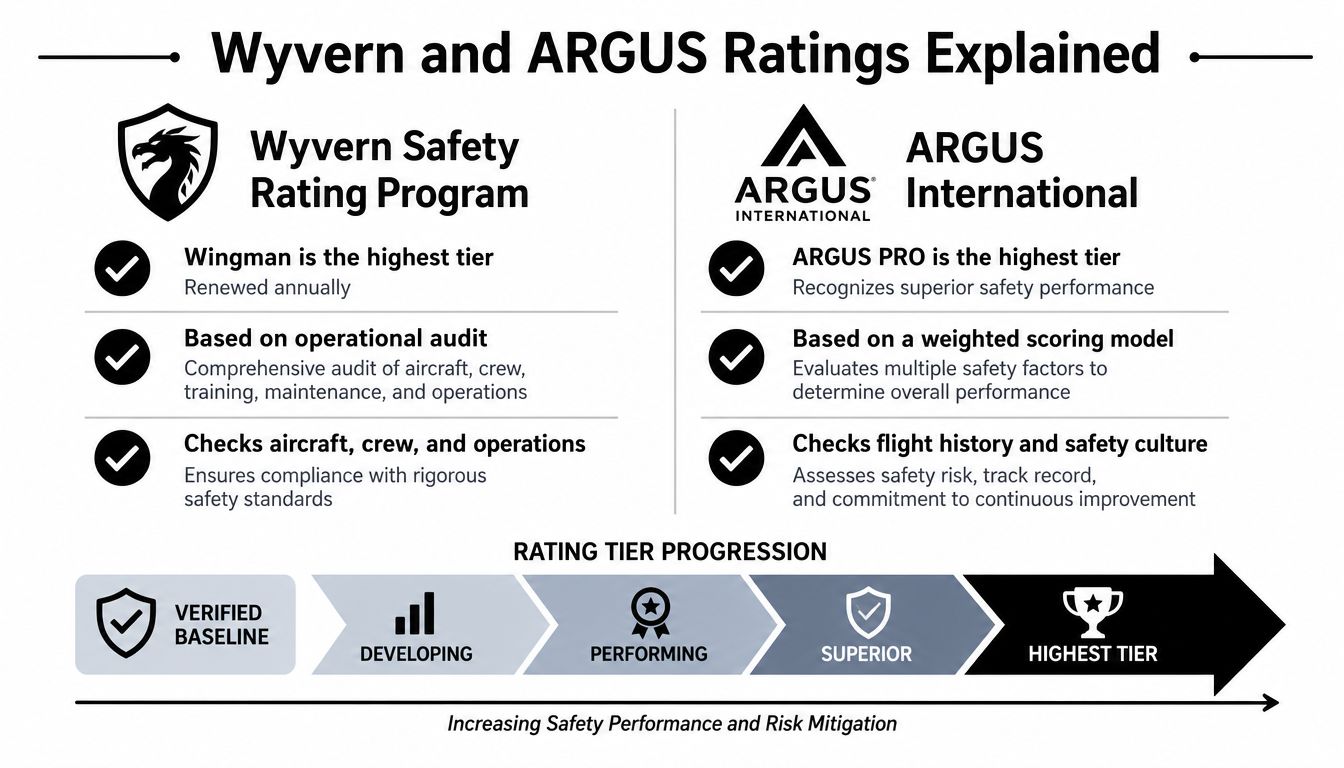 An infographic comparing Wyvern and ARGUS aviation safety rating systems with a tier progression model.