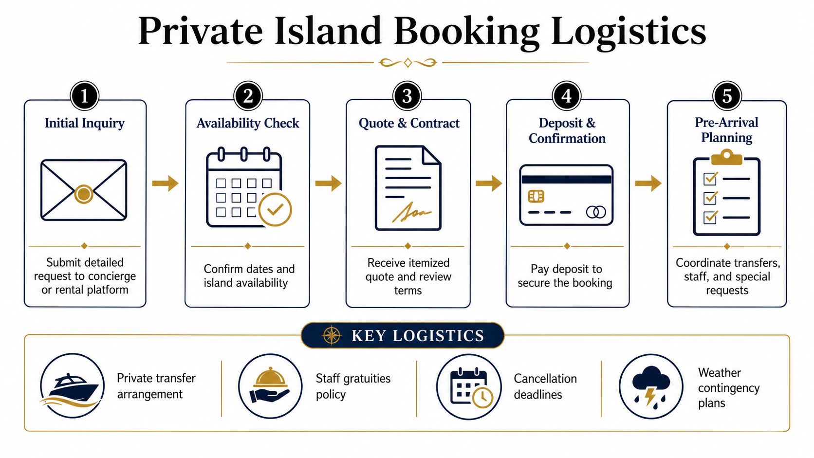 An infographic showing the five steps of private island booking logistics and key planning considerations.