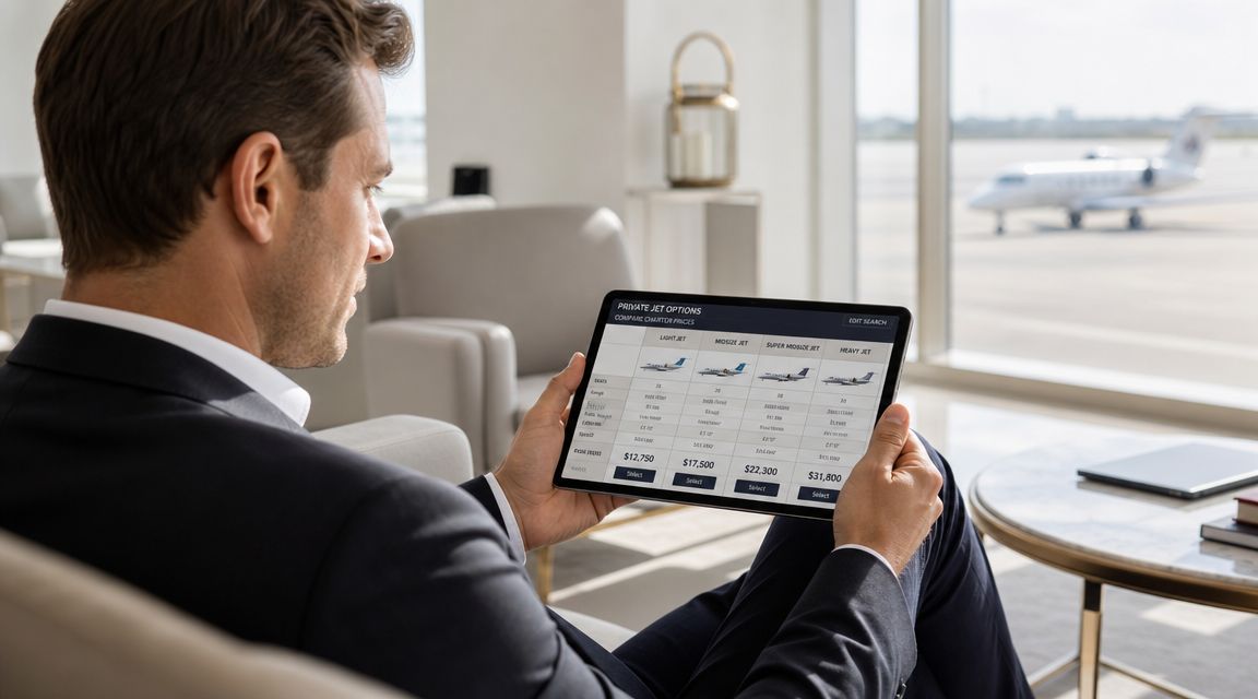A businessman reviewing private jet rental options on a tablet screen in a modern airport lounge.